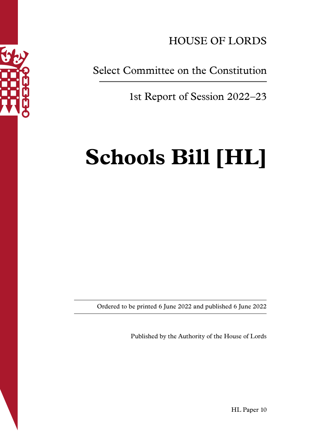 Constitution Committee 1st Report. Schools Bill