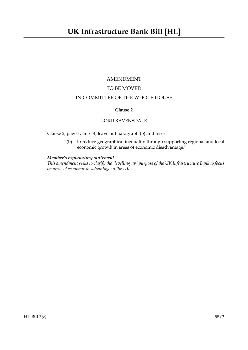 UK Infrastructure Bank Bill Amendment to be moved in Committee of the Whole House