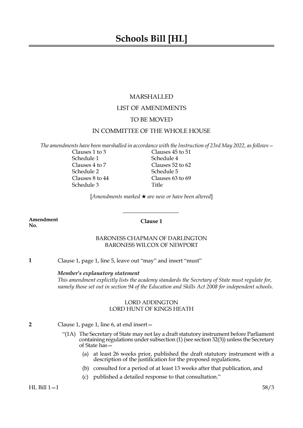 Schools Bill Marshalled List of Amendments to be moved in Committee of the Whole House