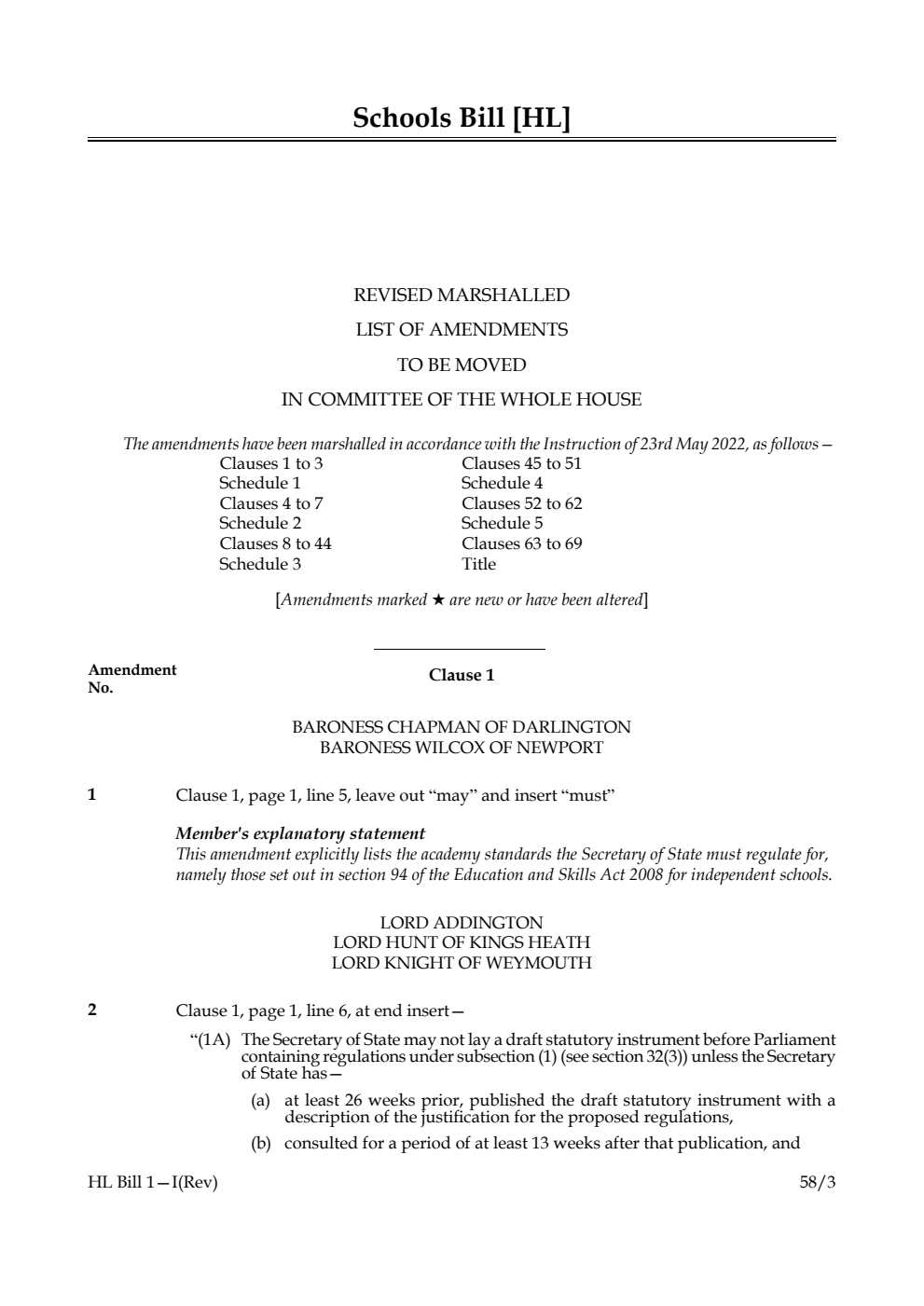 Schools Bill Revised Marshalled List of Amendments to be moved in Committee of the Whole House