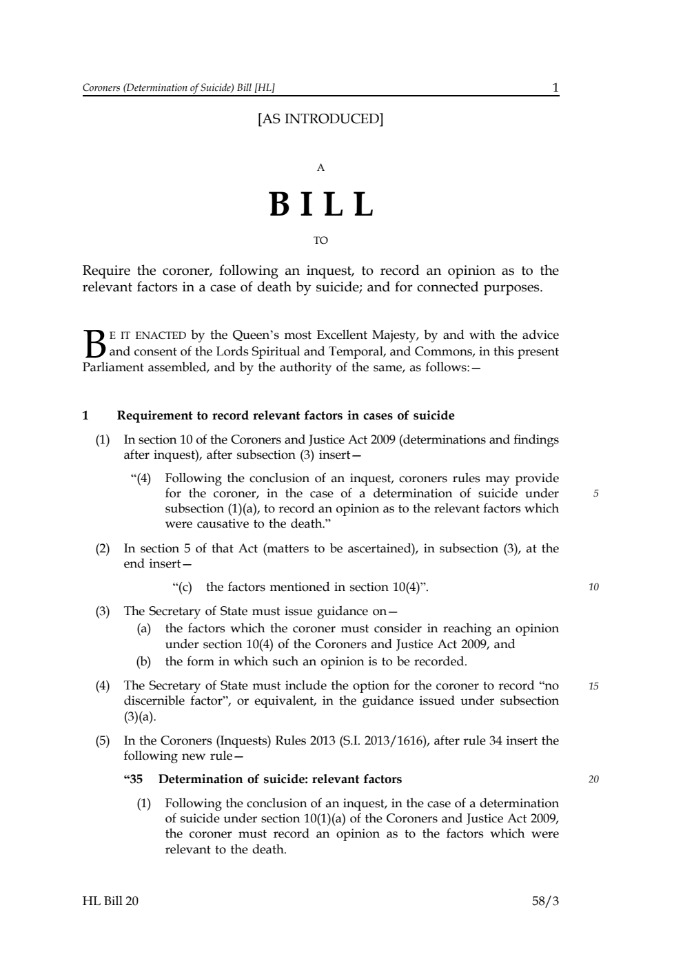 Coroners (Determination of Suicide) Bill