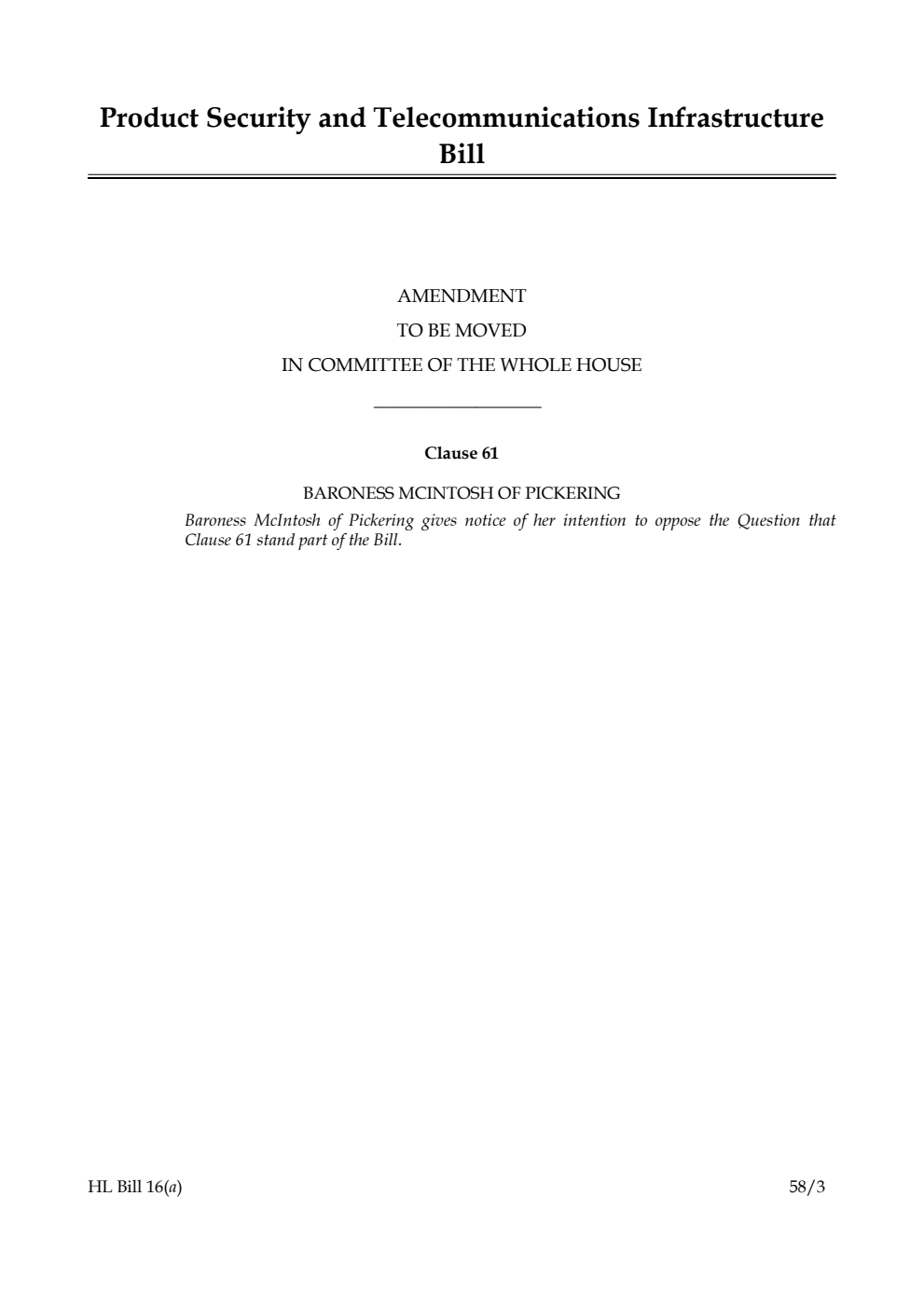 Product Security and Telecommunications Infrastructure Bill Amendment to be moved in Committee of the Whole House