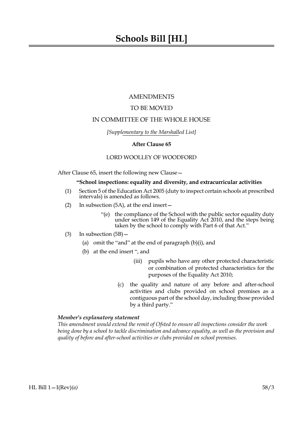 Schools Bill Amendments to be moved in Committee of the Whole House [Supplementary to the Marshalled List]