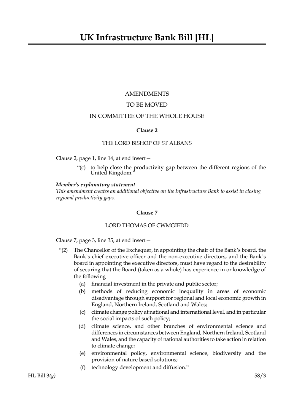 UK Infrastructure Bank Bill Amendments to be moved in Committee of the Whole House