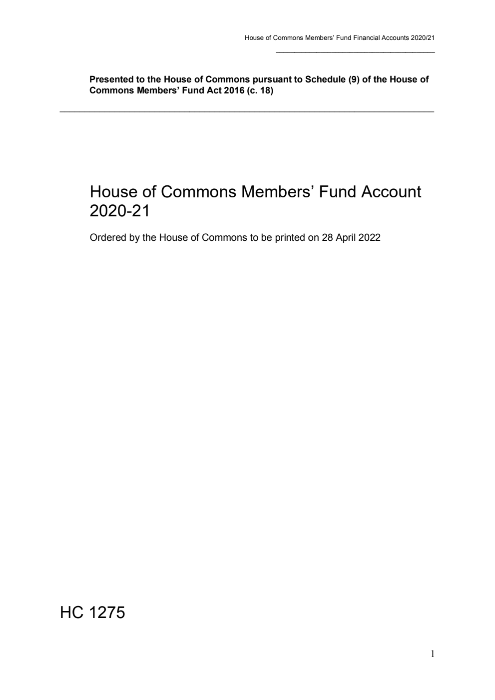 House of Commons Members’ Fund Account 2020-21