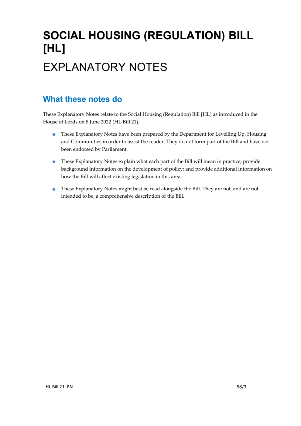Social Housing (Regulation) Bill Explantory Notes