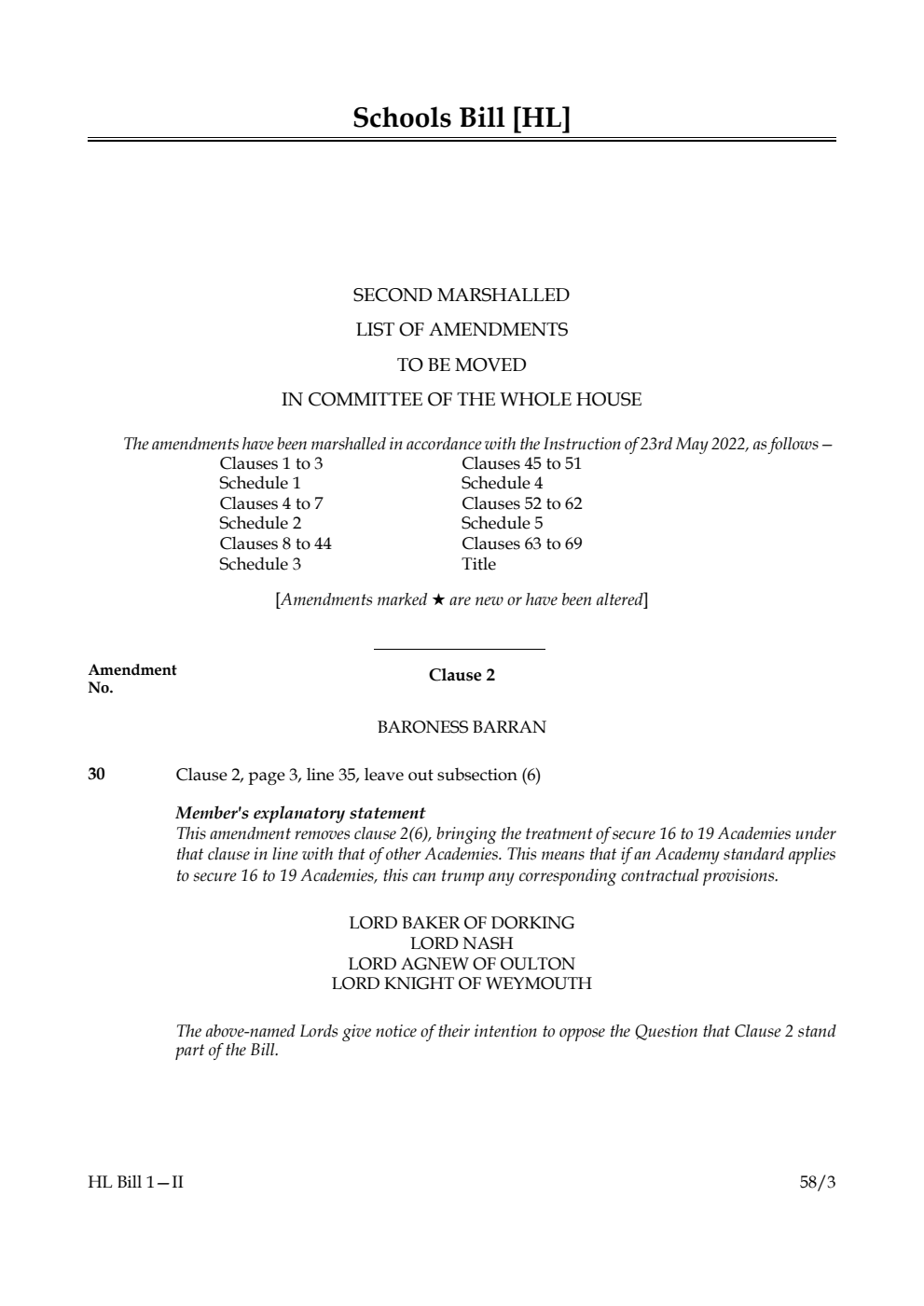Schools Bill Second Marshalled List of Amendments to be moved in Committee of the Whole House