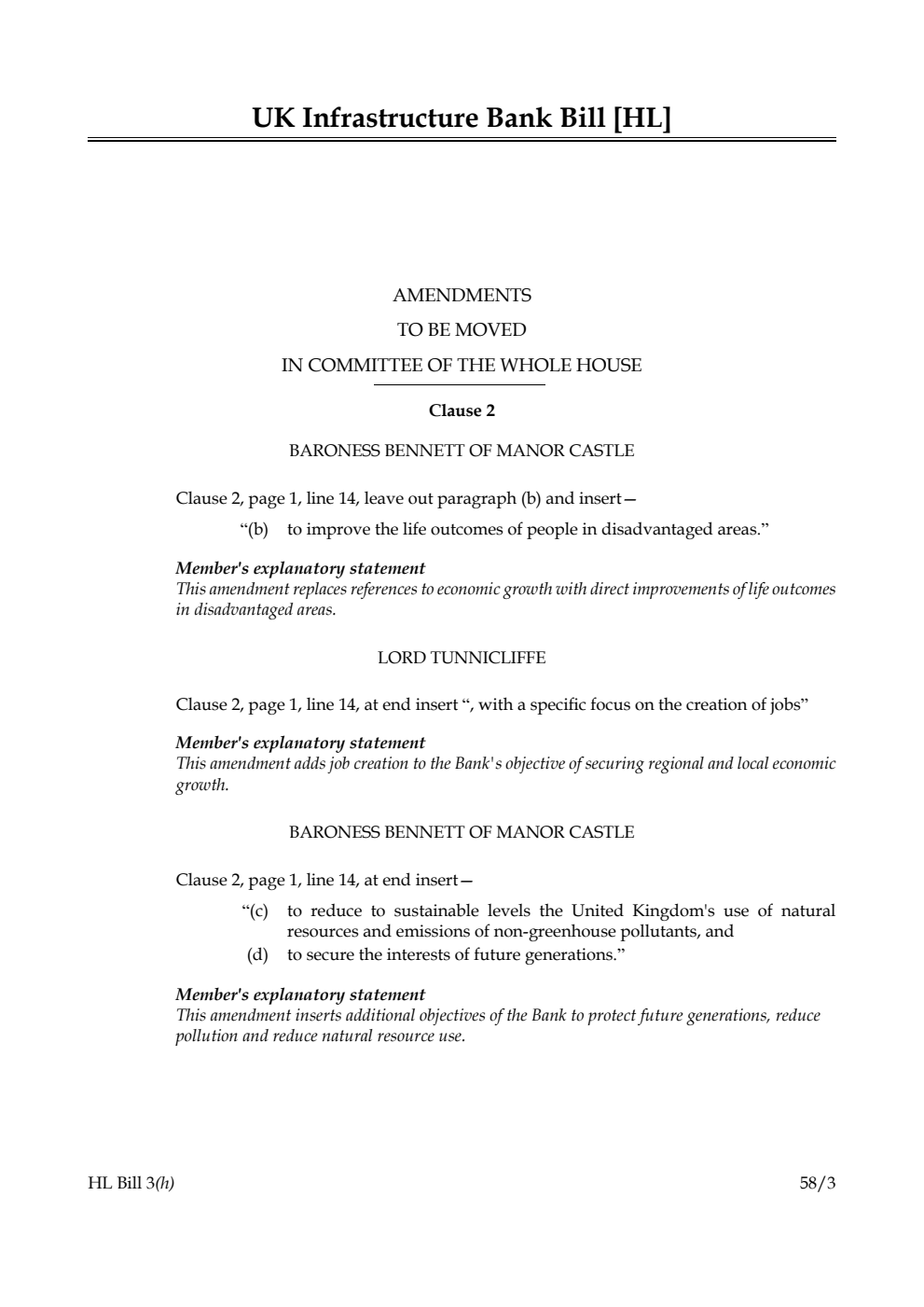 UK Infrastructure Bank Bill Amendments to be moved in Committee of the Whole House