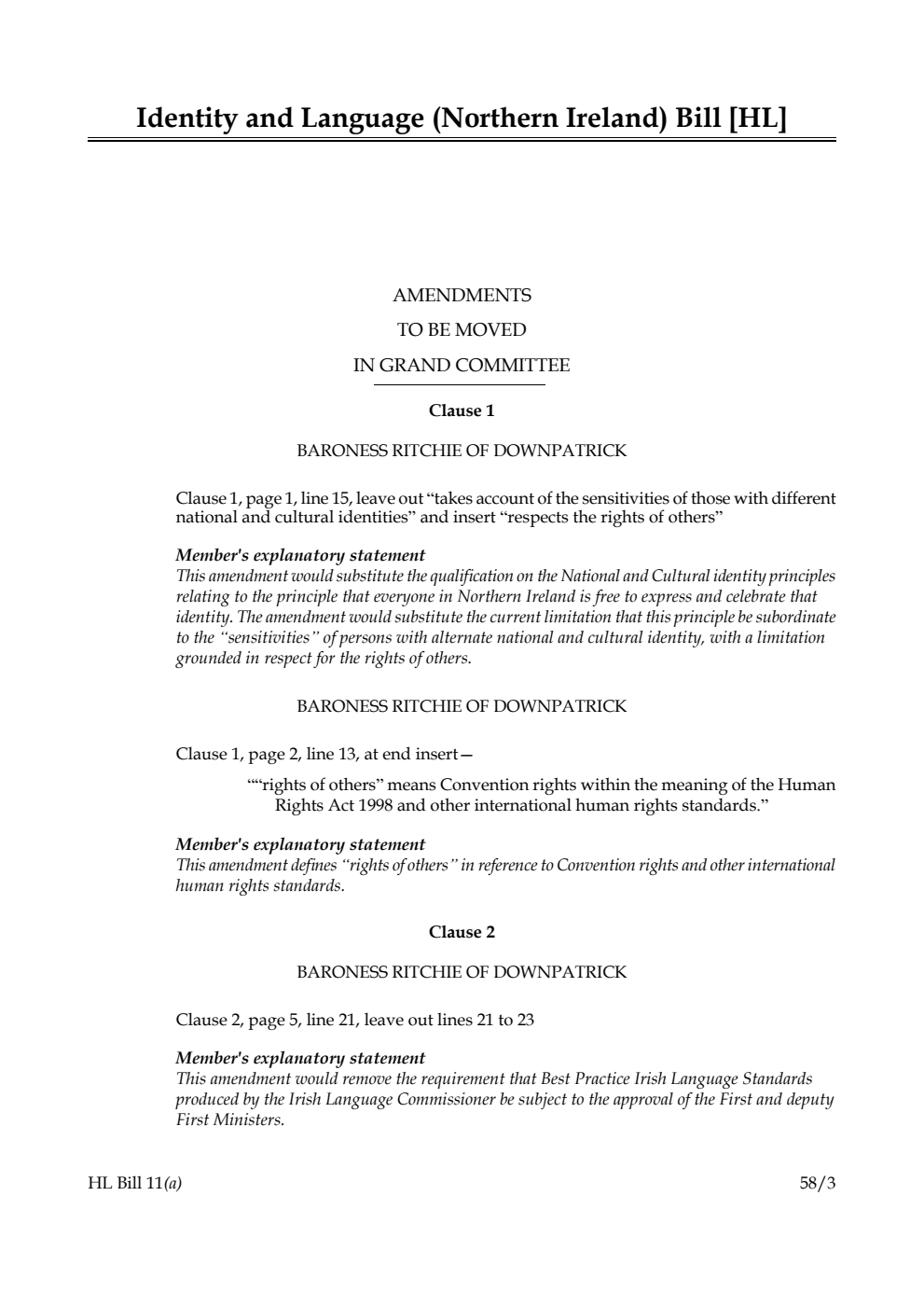 Identity and Language (Northern Ireland) Bill Amendments to be moved in Grand Committee