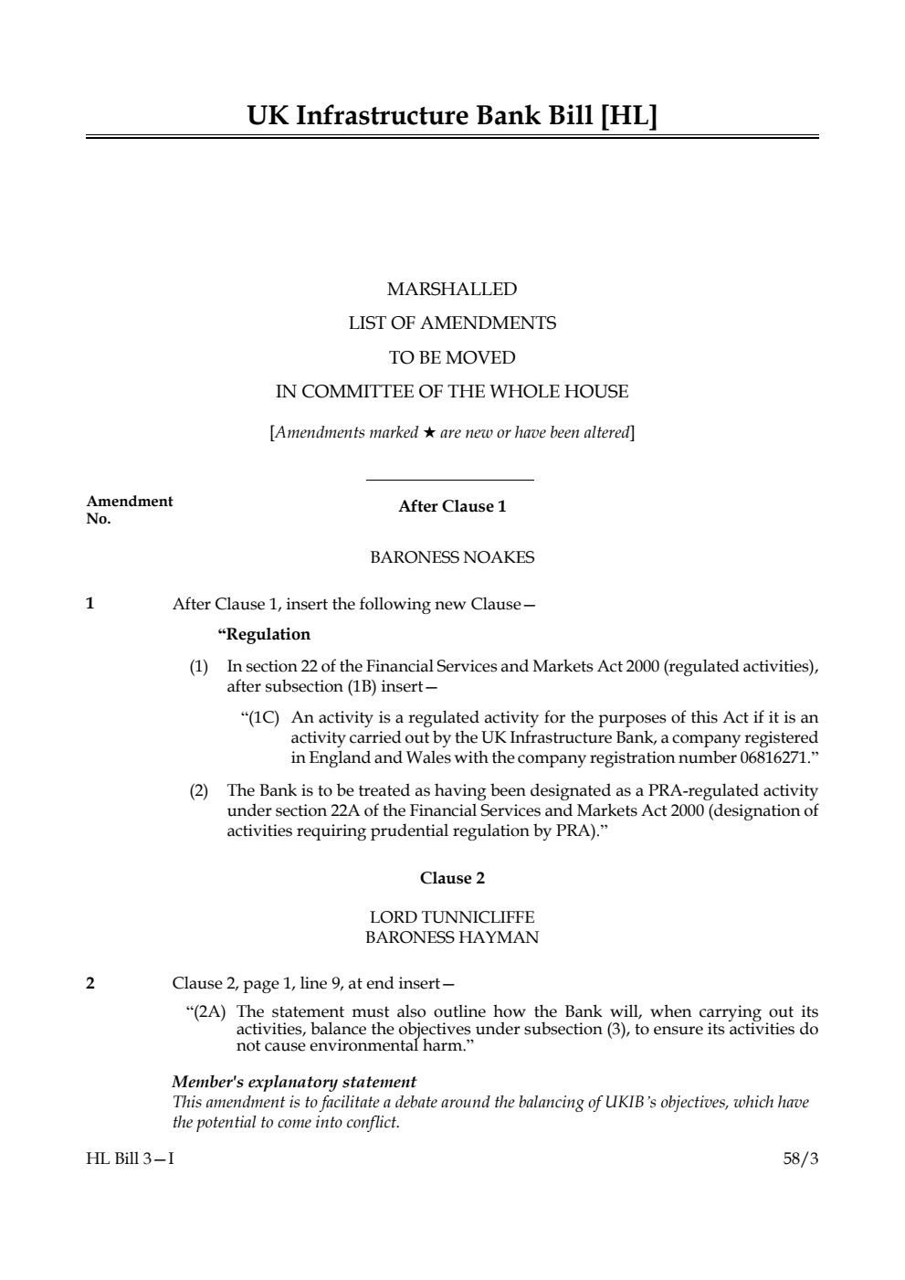 UK Infrastructure Bank Bill Marshalled List of Amendments to be moved in Committee of the Whole House