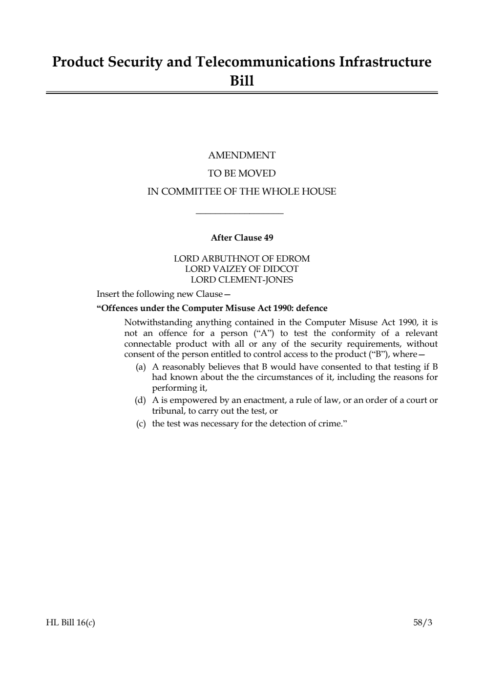 Product Security and Telecommunications Infrastructure Bill Amendment to be moved in Committee of the Whole House