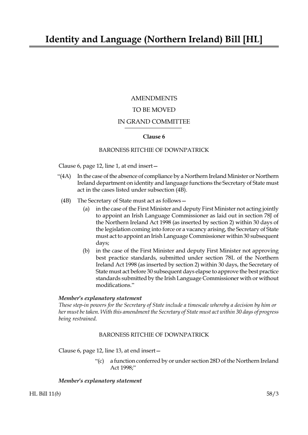 Identity and Language (Northern Ireland) Bill Amendments to be moved in Grand Committee