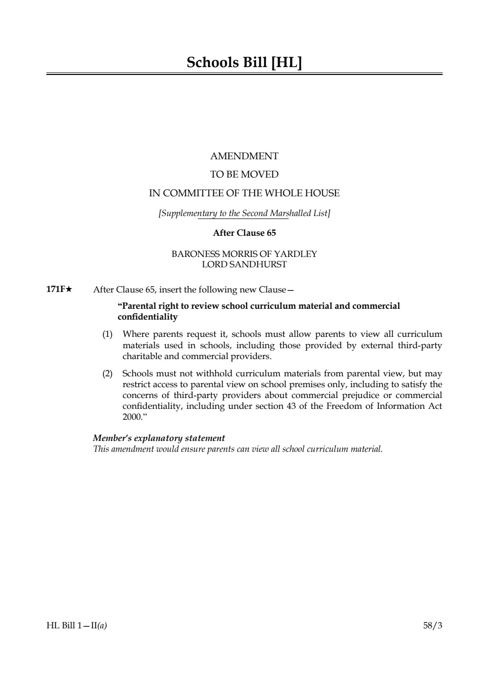 Schools Bill Amendment to be moved in Committee of the Whole House [Supplementary to the Second Marshalled List]
