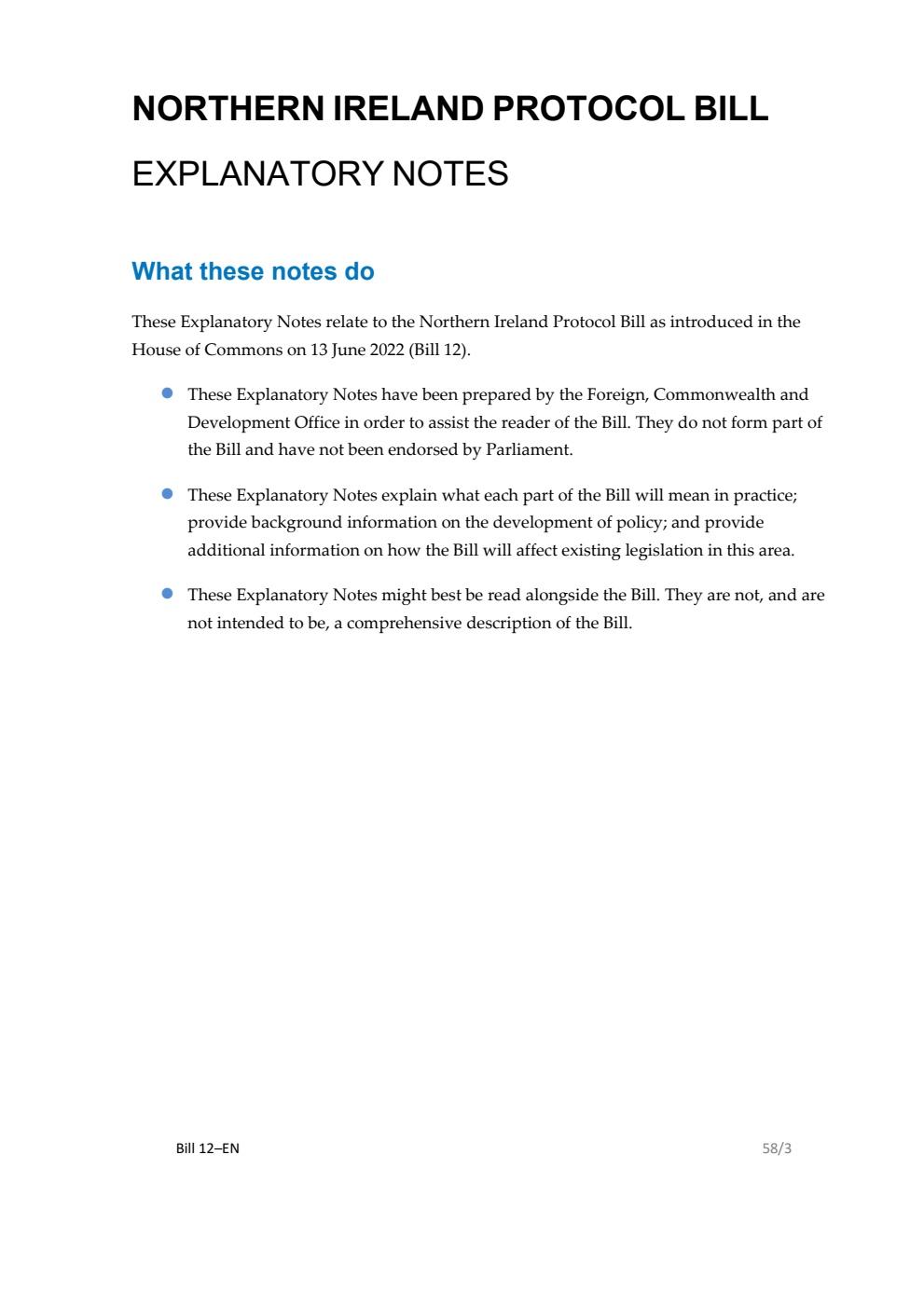 Northern Ireland Protocol Bill Explanatory Notes