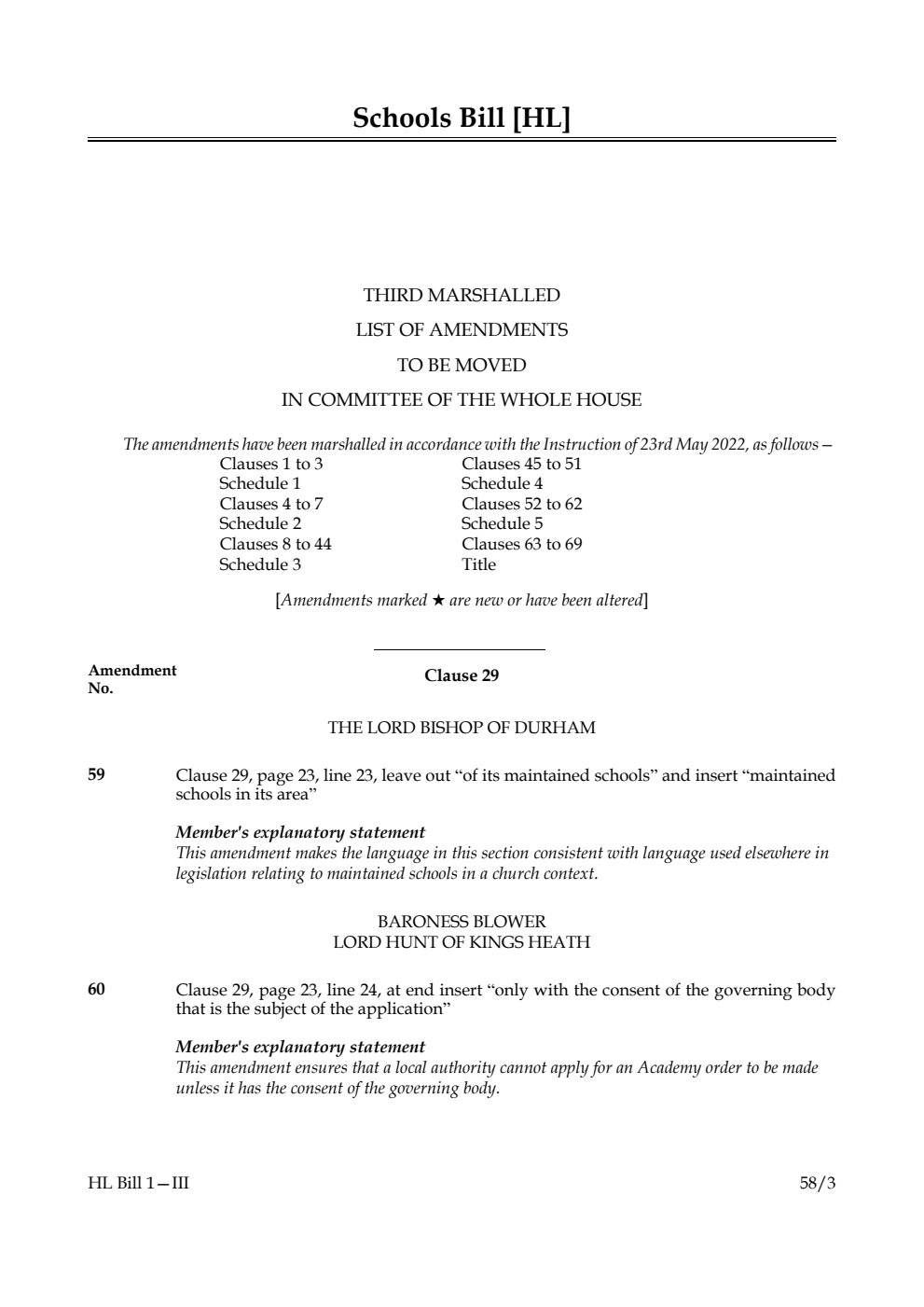 Schools Bill Third Marshalled List of Amendments to be moved in Committee of the Whole House