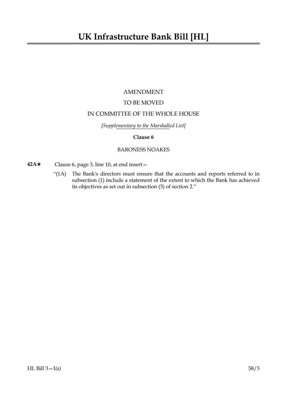 UK Infrastructure Bank Bill Amendment to be moved in Committee of the Whole House [Supplementary to the Marshalled List]