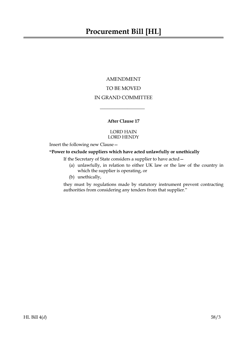 Procurement Bill Amendment to be moved in Grand Committee