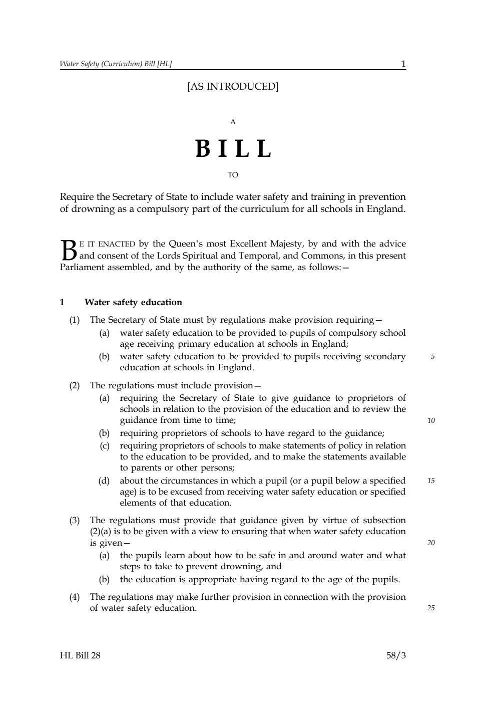 Water Safety (Curriculum) Bill