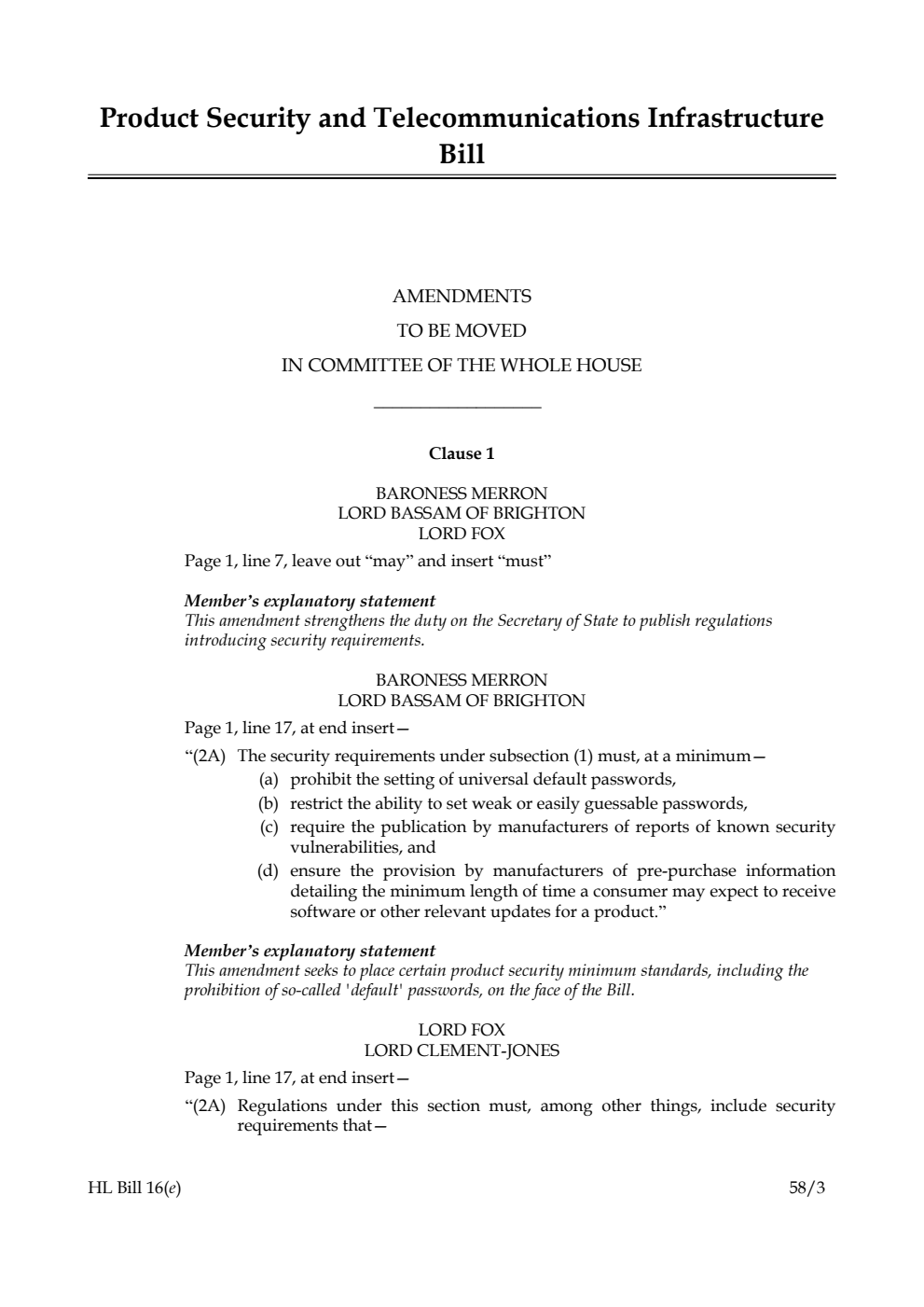 Product Security and Telecommunications Infrastructure Bill Amendments to be moved in Committee of the Whole House
