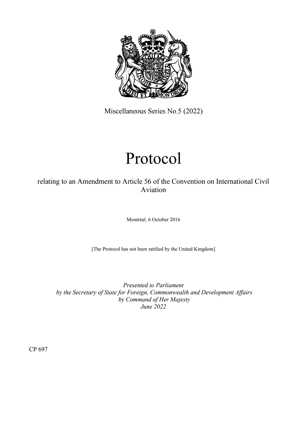 Miscellaneous Series No.5 (2022) Protocol relating to an Amendment to Article 56 of the Convention on International Civil Aviation. Montréal, 6 October 2016