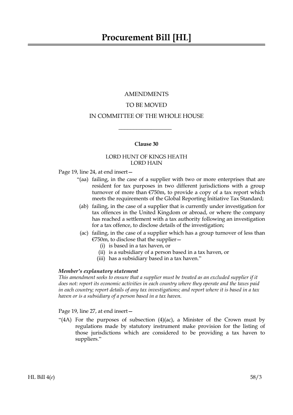 Procurement Bill Amendments to be moved in Committee of the Whole House