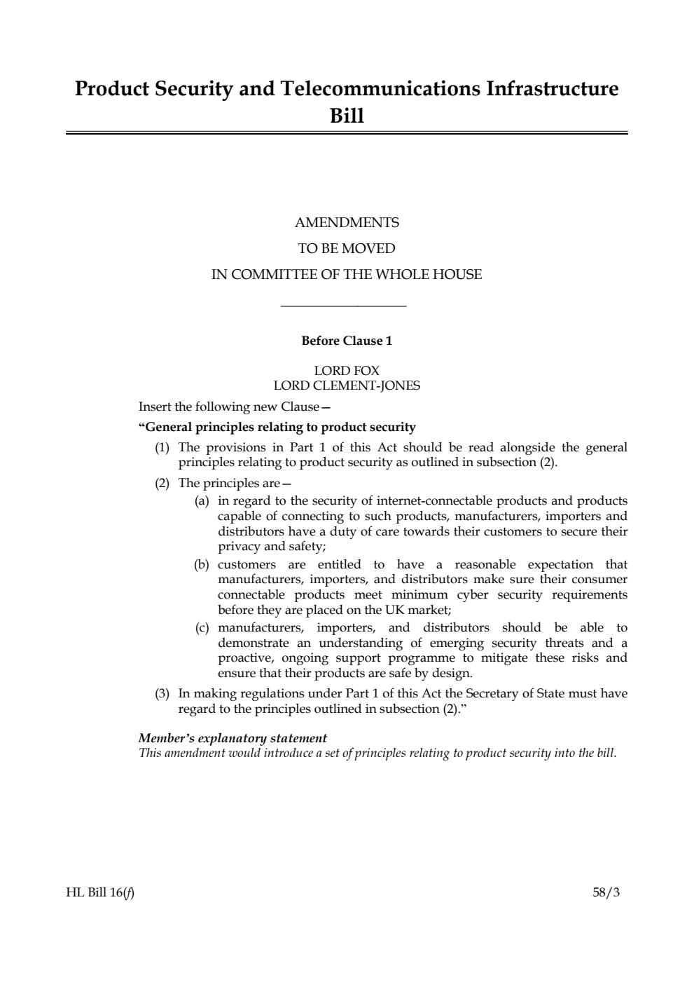 Product Security and Telecommunications Infrastructure Bill Amendments to be moved in Committee of the Whole House
