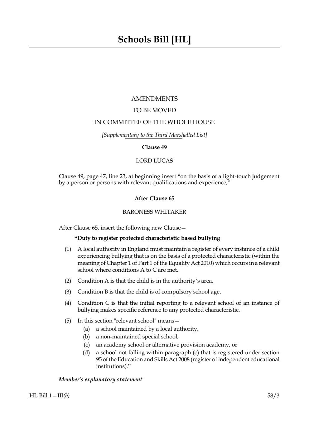 Schools Bill Amendments to be moved in Committee of the Whole House [Supplementary to the Third Marshalled List]