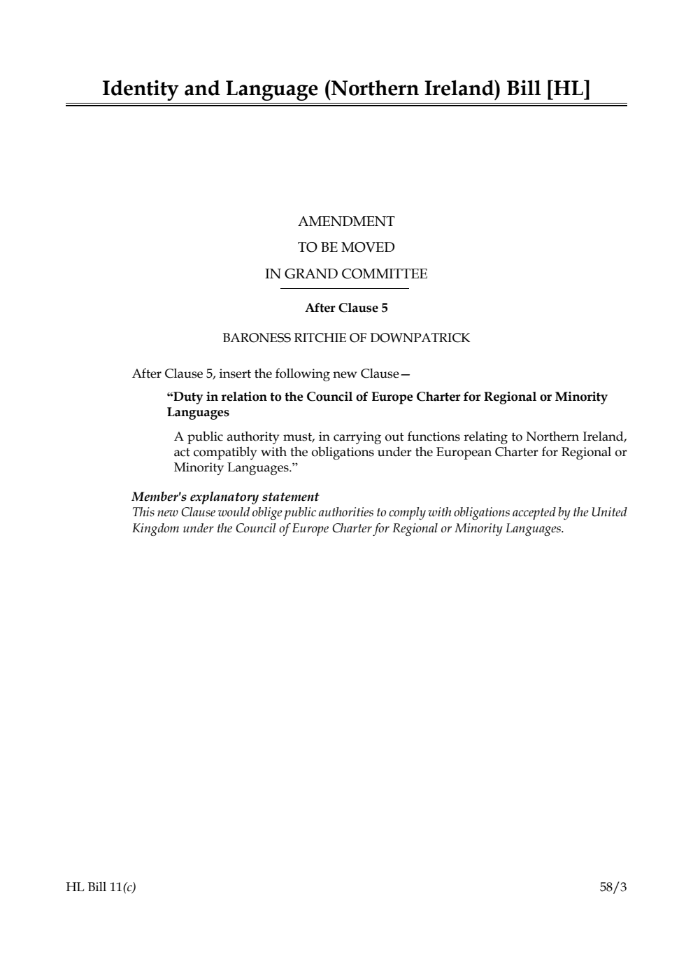 Identity and Language (Northern Ireland) Bill Amendment to be moved in Grand Committee