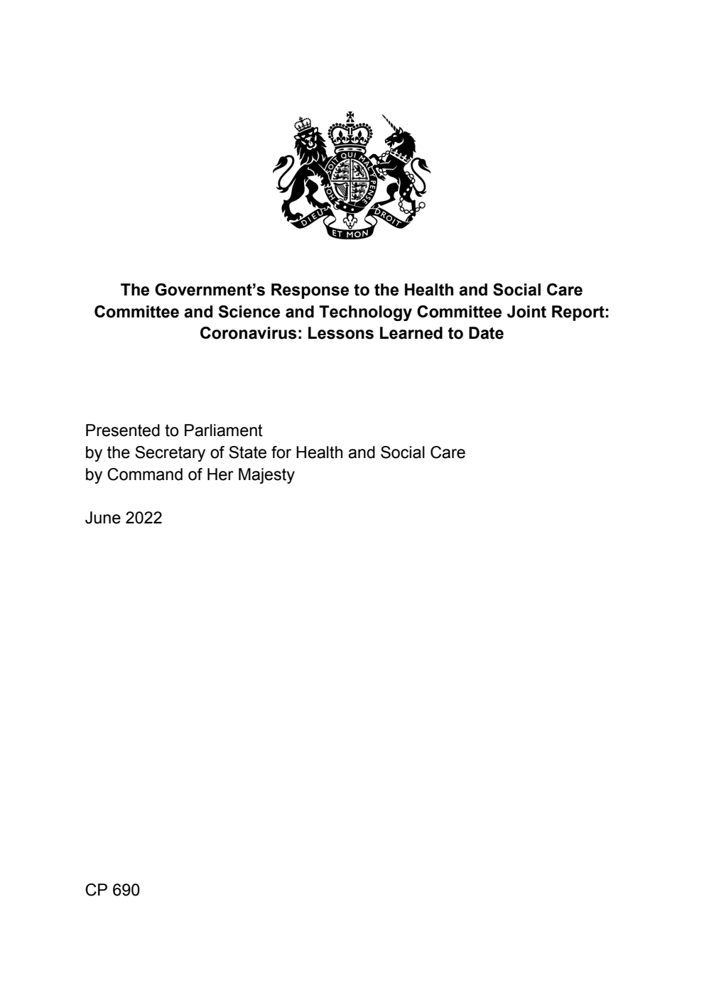 The Government’s Response to the Health and Social Care Committee and Science and Technology Committee Joint Report: Coronavirus: Lessons Learned to Date