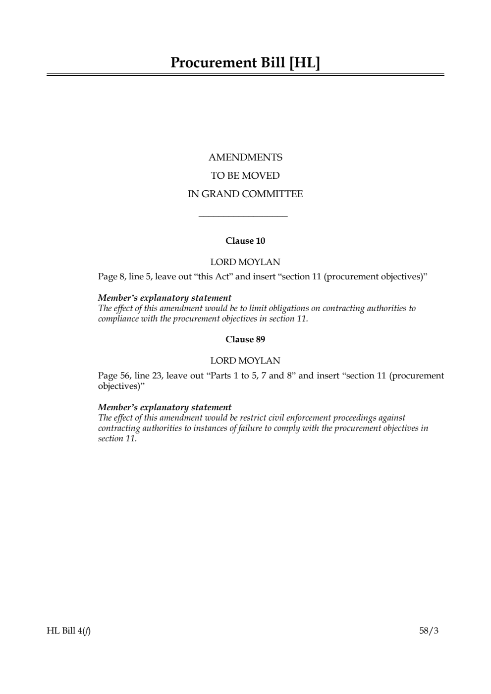 Procurement Bill Amendments to be moved in Grand Committee