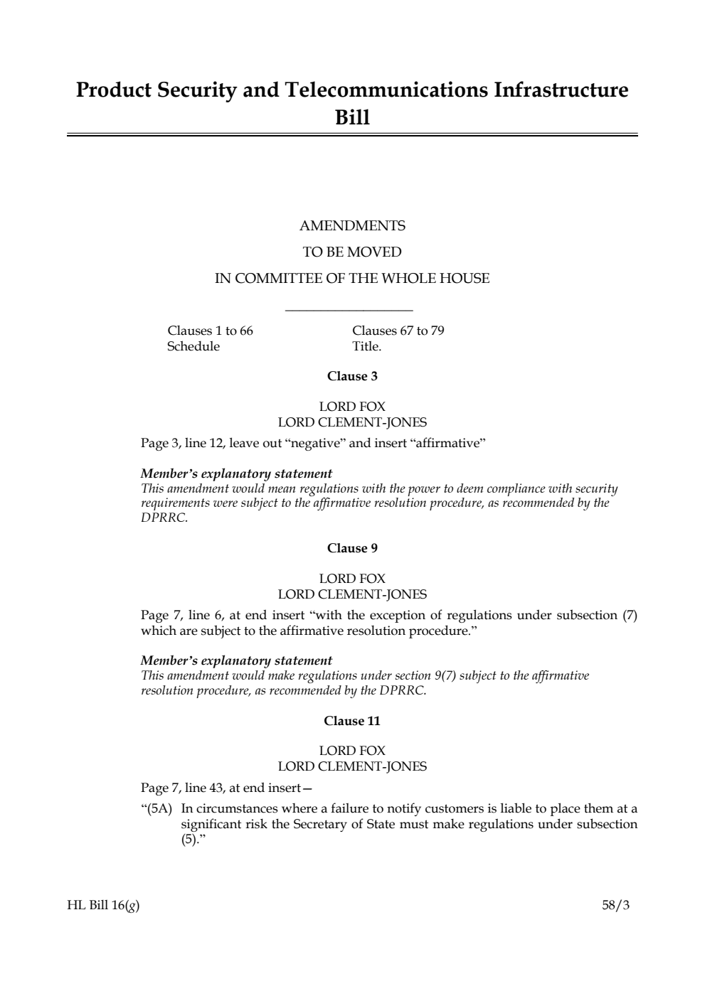 Product Security and Telecommunications Infrastructure Bill Amendments to be moved in Committee of the Whole House