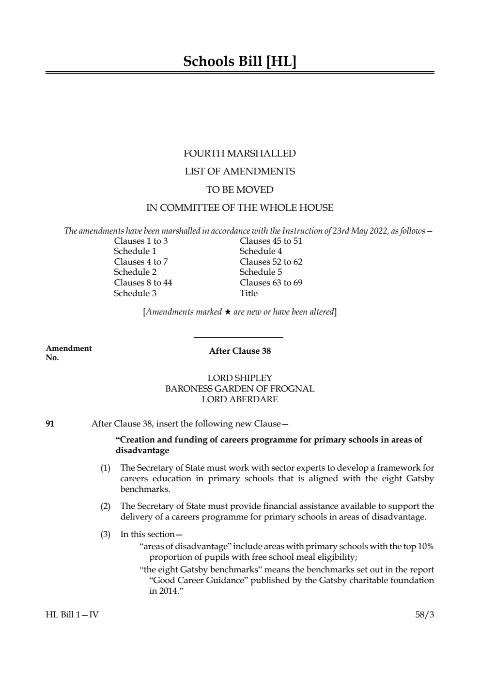 Schools Bill Fourth Marshalled List of Amendments to be moved in Committee of the Whole House