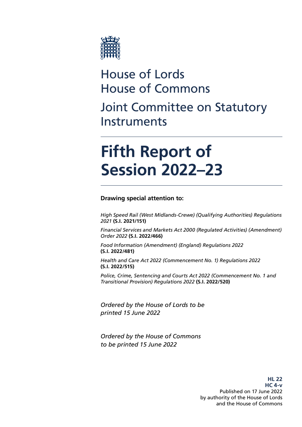 Joint Committee on Statutory Instruments 5th Report of Session 2022-23