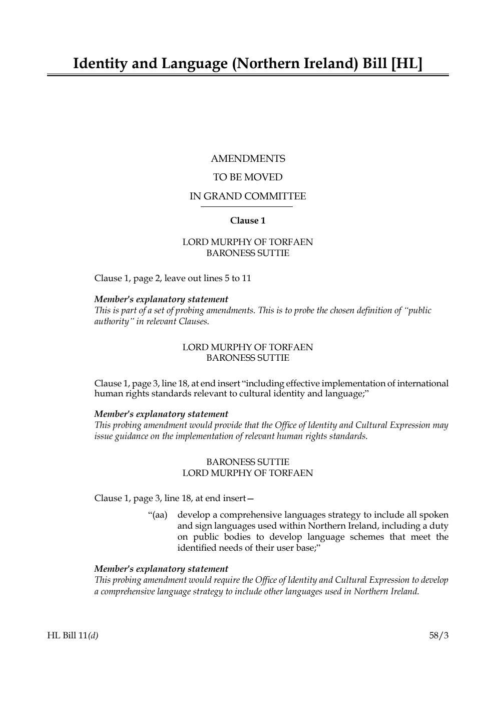 Identity and Language (Northern Ireland) Bill Amendments to be moved in Grand Committee