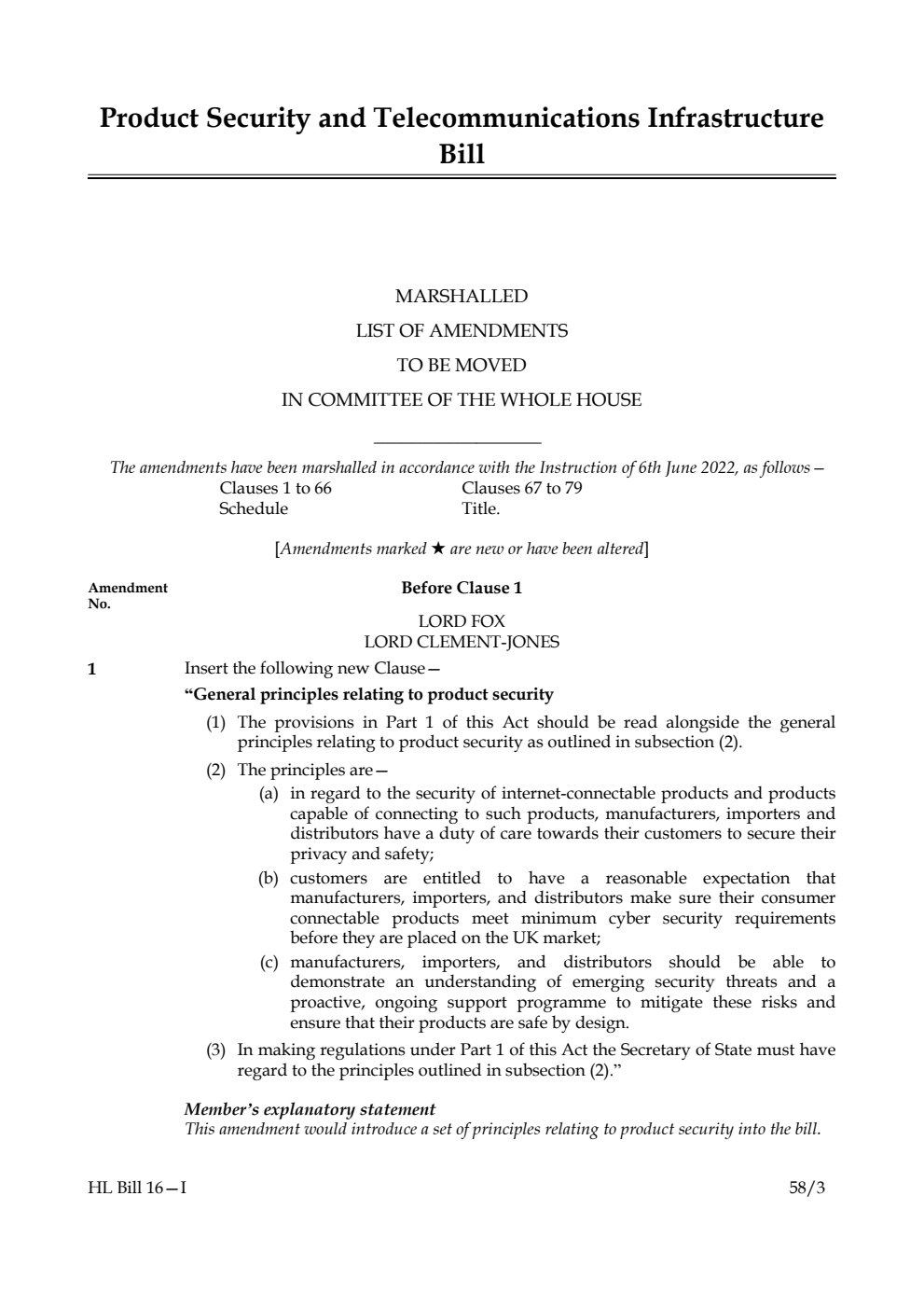 Product Security and Telecommunications Infrastructure Bill Marshalled List of Amendments to be moved in Committee of the Whole House