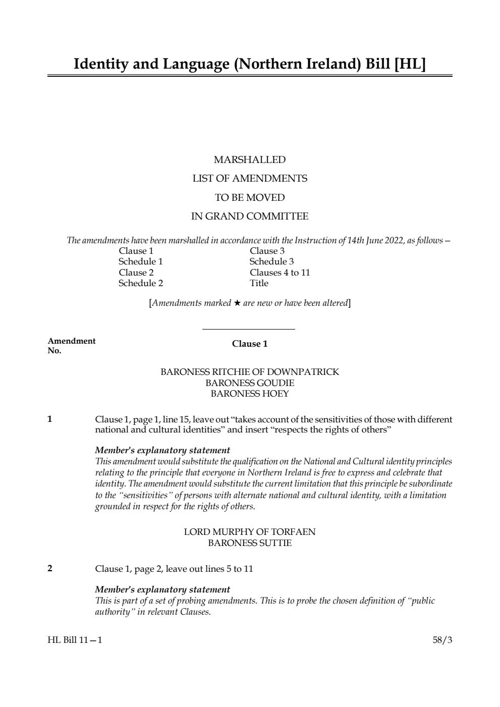 Identity and Language (Northern Ireland) Bill Marshalled List of Amendments to be moved in Grand Committee