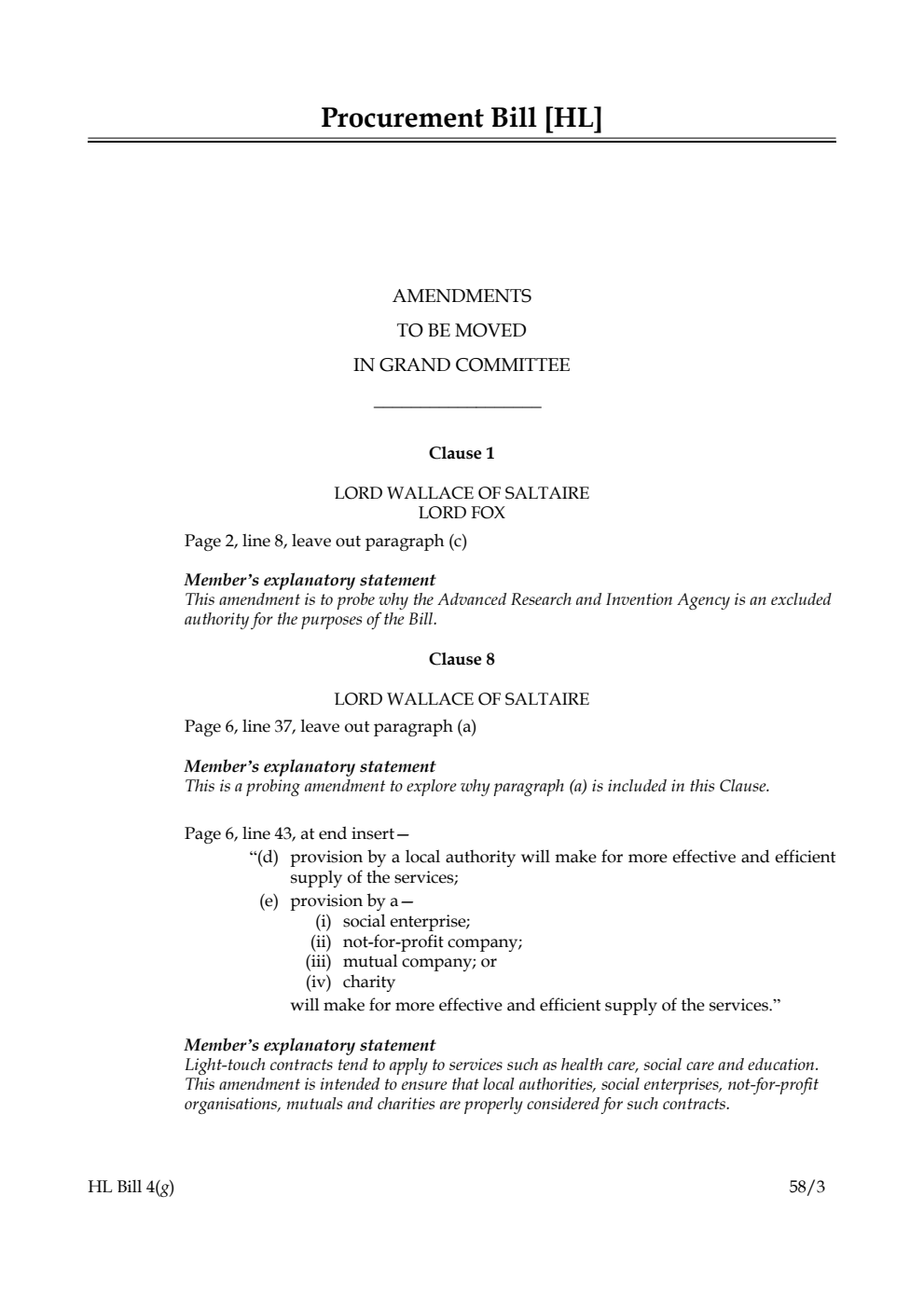 Procurement Bill Amendments to be moved in Grand Committee