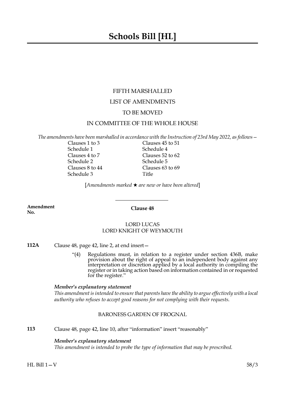 Schools Bill Fifth Marshalled List of Amendments to be moved in Committee of the Whole House