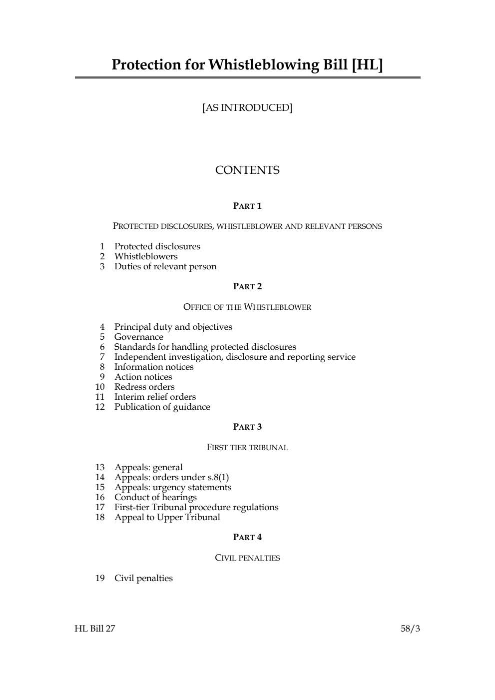 Protection for Whistleblowing Bill