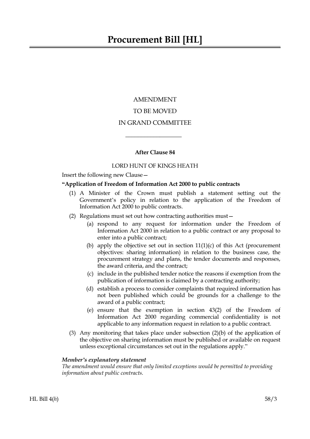 Procurement Bill Amendment to be moved in Grand Committee