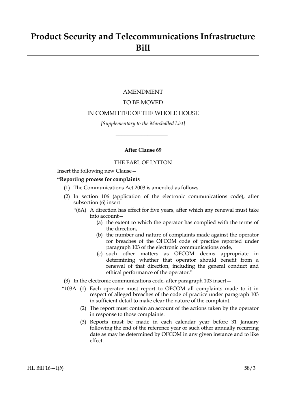 Product Security and Telecommunications Infrastructure Bill Amendment to be moved in Committee of the Whole House [Supplementary to the Marshalled List]