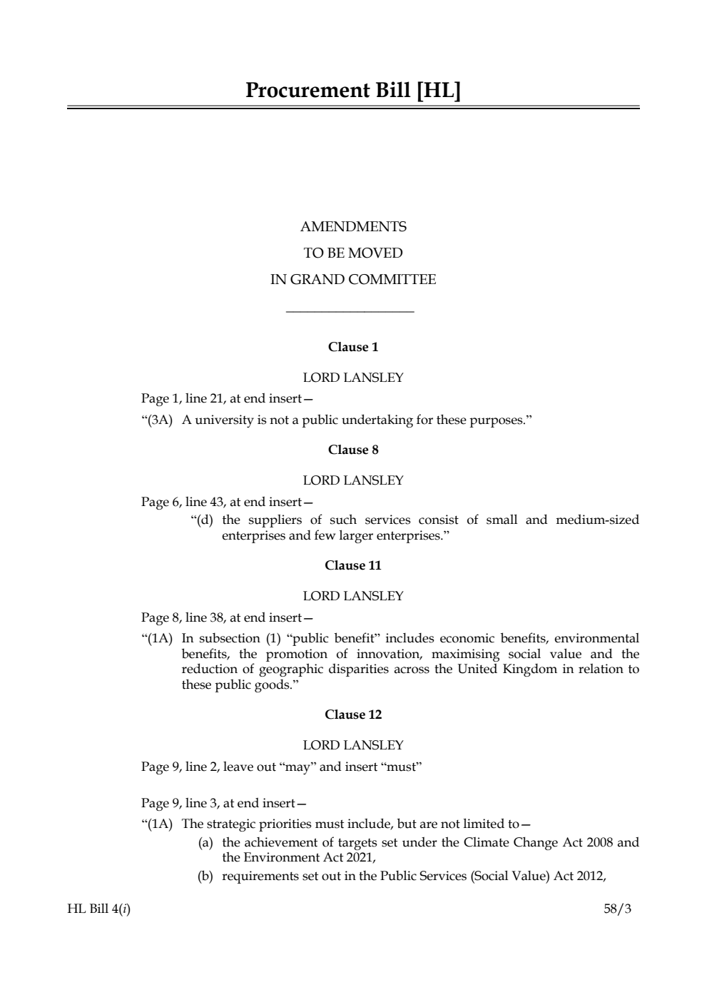 Procurement Bill Amendments to be moved in Grand Committee