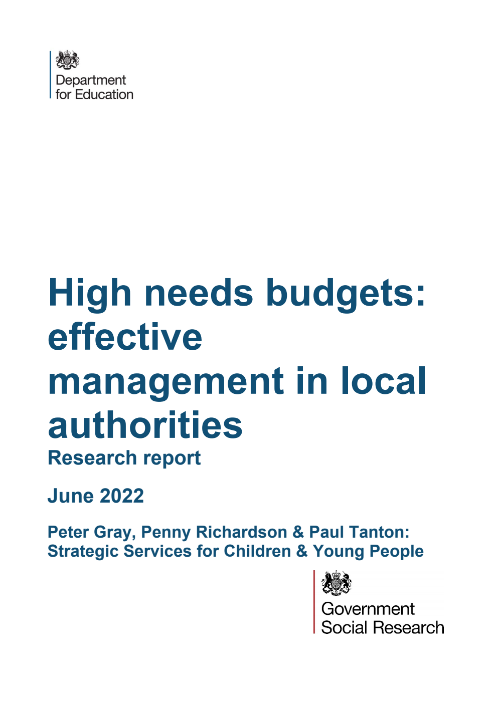 DFE-RR1238 High needs budgets: effective management in local authorities. Research report. June 2022