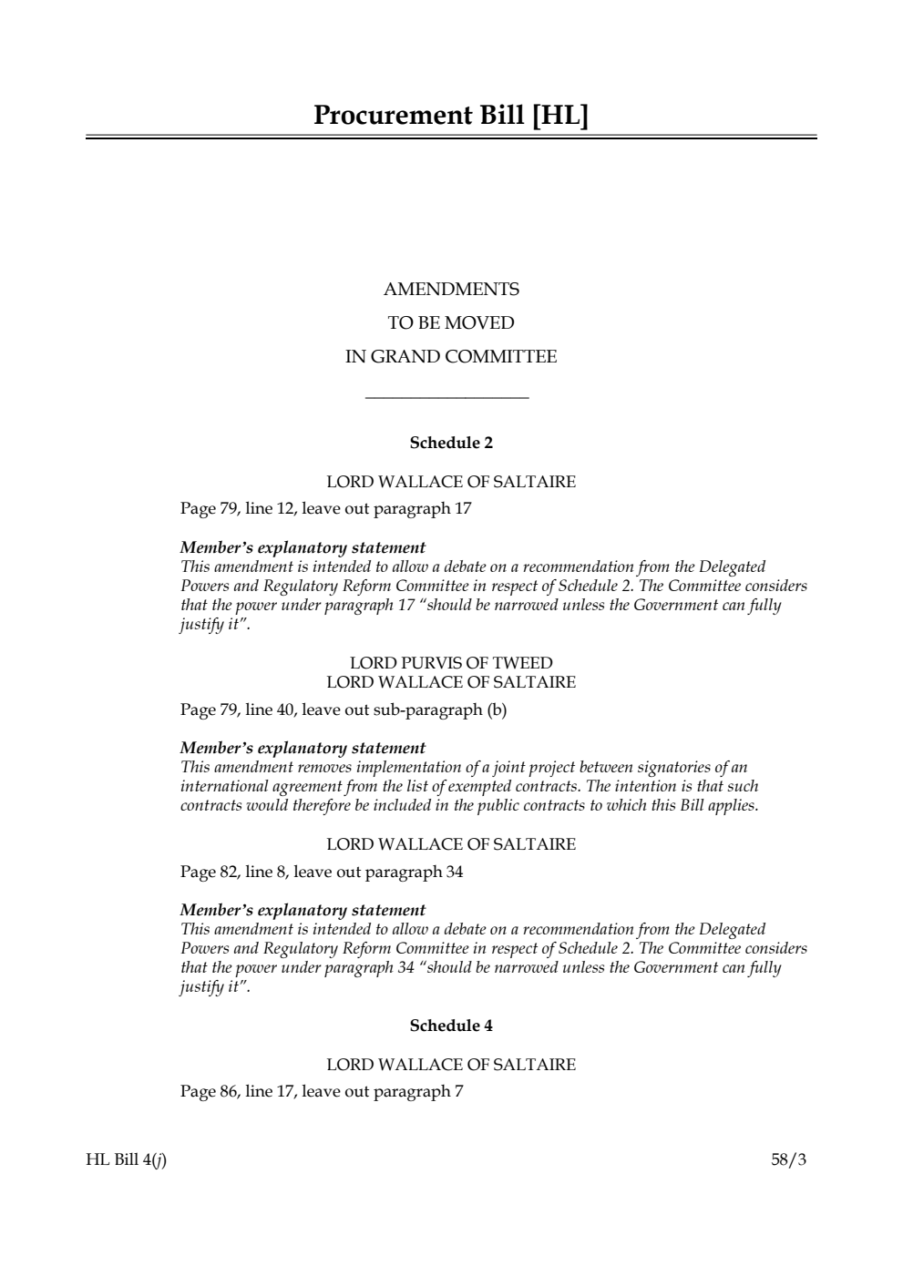 Procurement Bill Amendments to be moved in Grand Committee