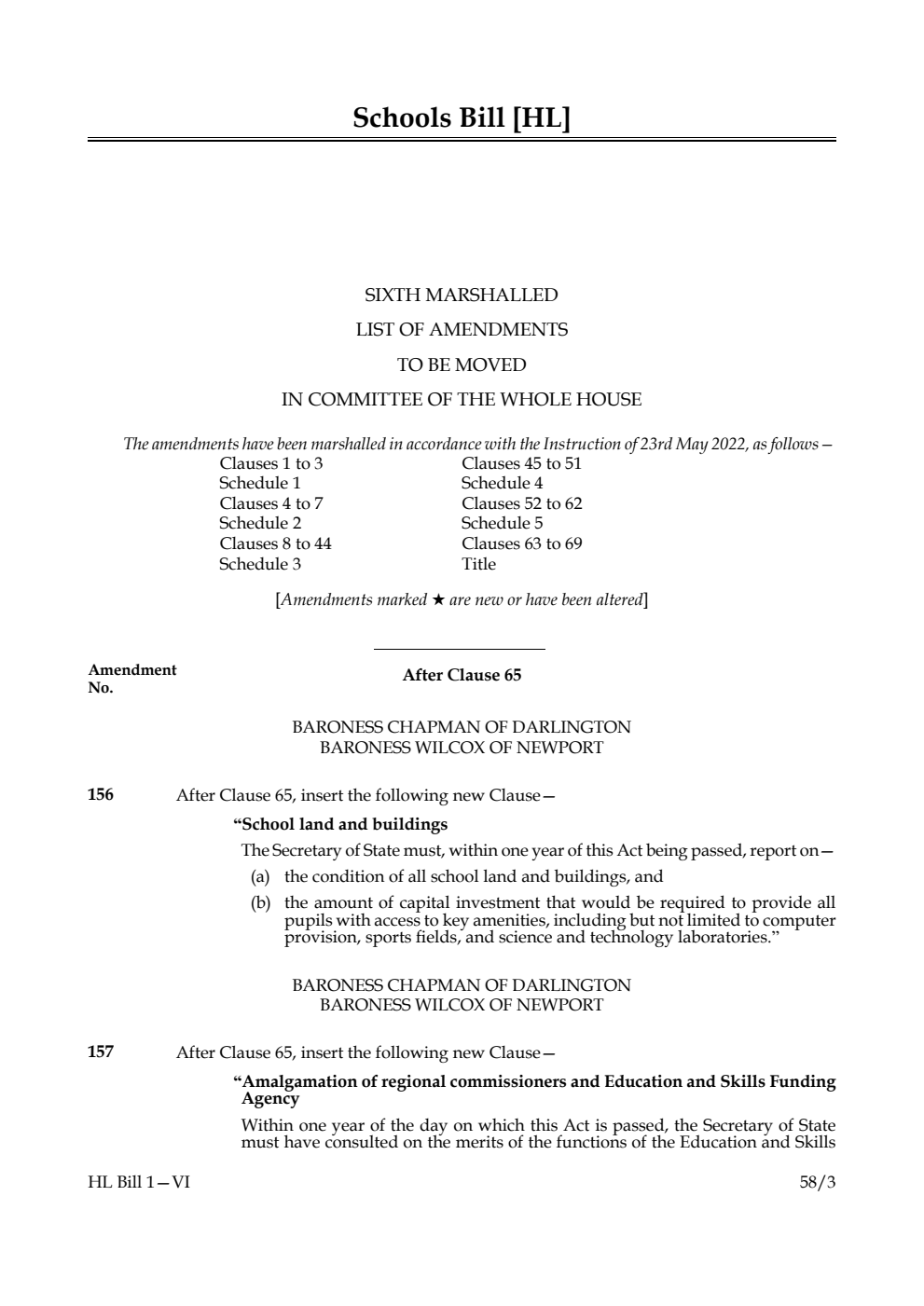 Schools Bill Sixth Marshalled List of Amendments to be moved in Committee of the Whole House
