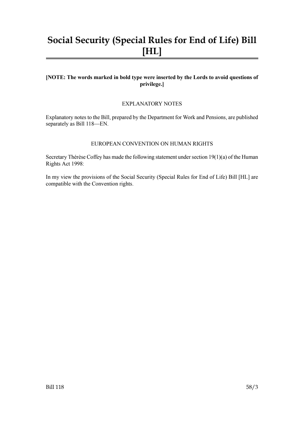 Social Security (Special Rules for End of Life) Bill