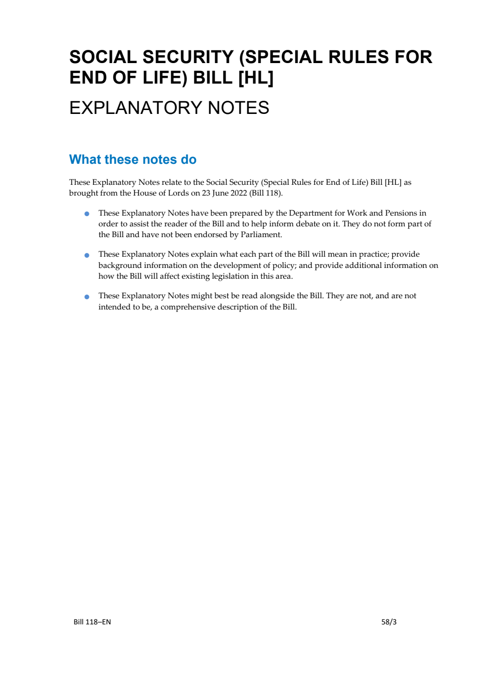 Social Security (Special Rules for End of Life) Bill Explanatory Notes