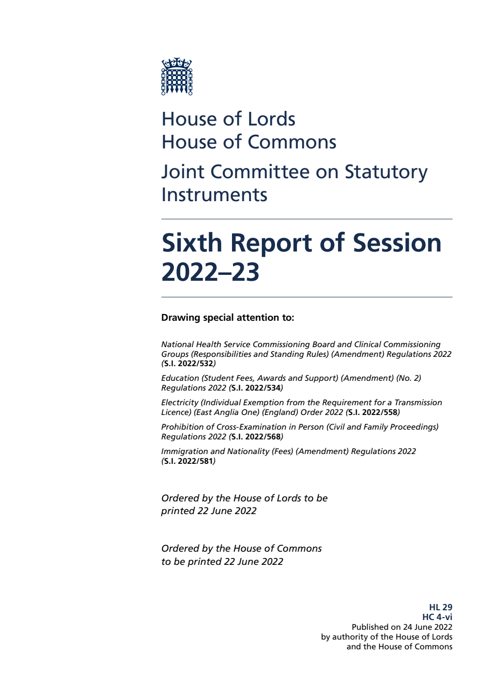 Joint Committee on Statutory Instruments 6th Report of Session 2022-23