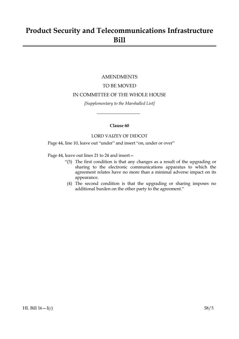 Product Security and Telecommunications Infrastructure Bill Amendments to be moved in Committee of the Whole House [Supplementary to the Marshalled List]