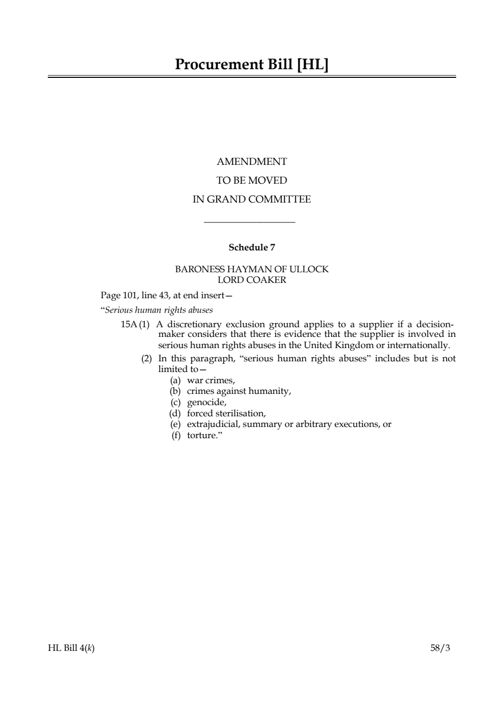 Procurement Bill Amendment to be moved in Grand Committee